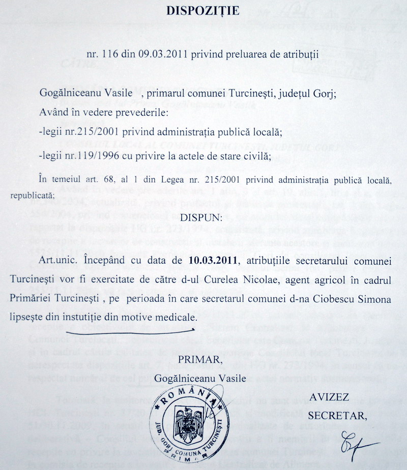 dispozitie primar Turcinesti