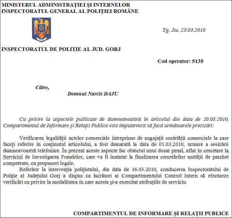 Veste bună: dosar penal şi verificări interne la IPJ Gorj după o investigaţie gorjNEWS.ro