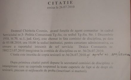 Represalii securiste jegoase la Poliţia Comunitară Târgu Jiu