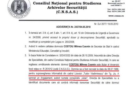 Turnătorul Costoiu, omagiat de victimele de la Colegiul Național Tudor Vladimirescu !